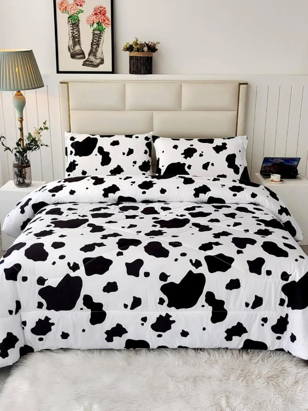 3 Pieces Milk Cow Print Stuff Bedding Comforter Set Full with 2 Pillowcases for